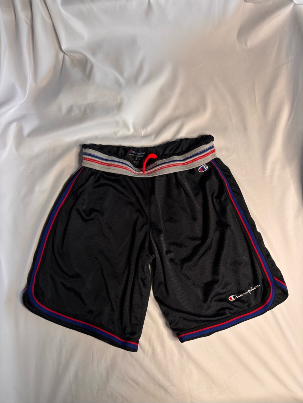 Champion Black Athletic Mesh Shorts with Red & Blue Trim